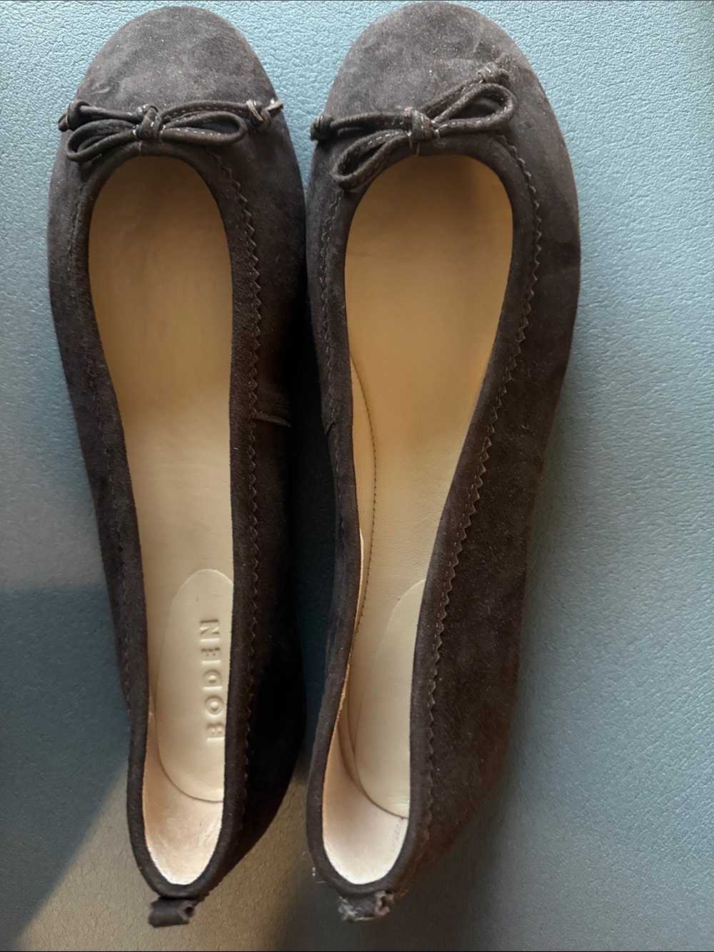 Round toe ballet flats Brown Suede with Bow Trim